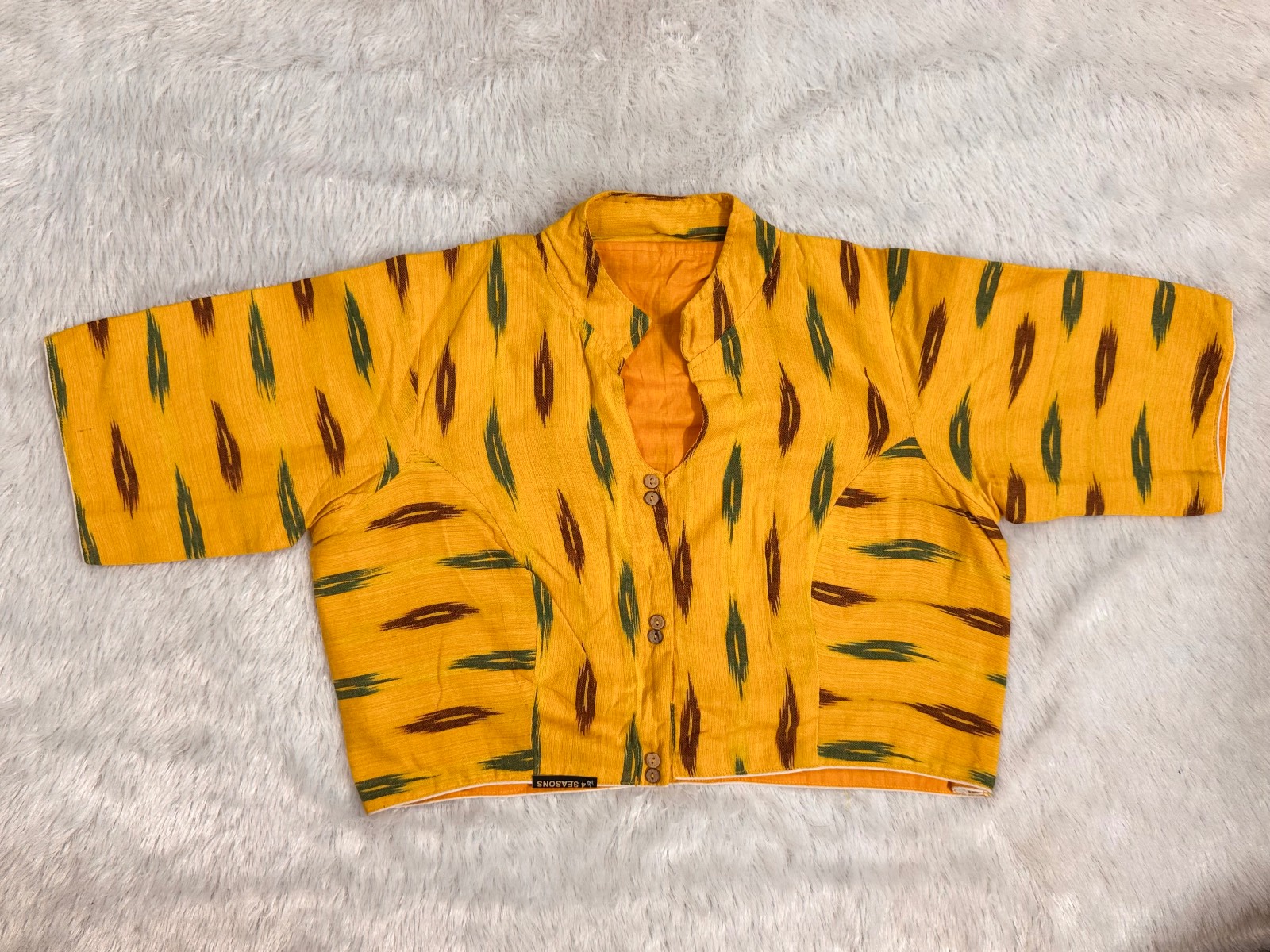 Mustard yellow pure cotton ikkat weave collar blouse blouse