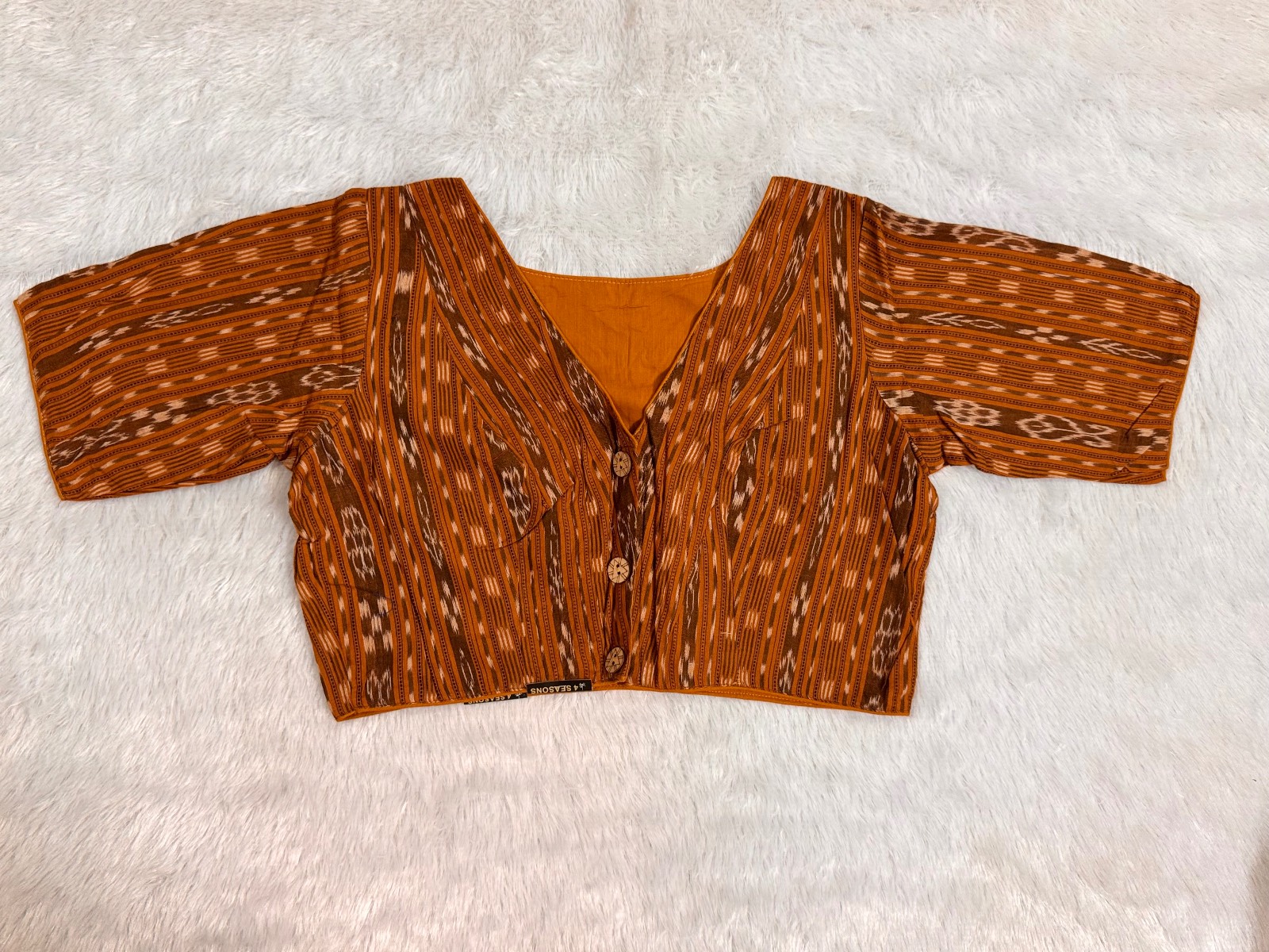 Brown ikkat weave pure cotton blouse with black piping