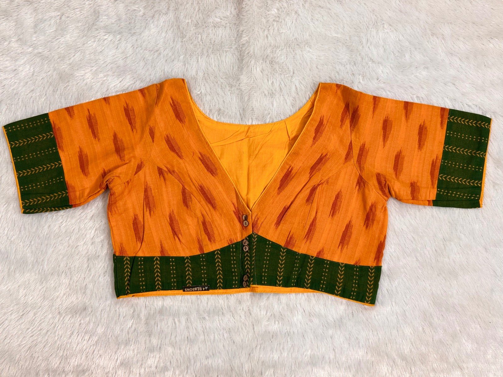 Yellow pure cotton handloom Blouse with green border (with Astar & wooden buttons, piping)