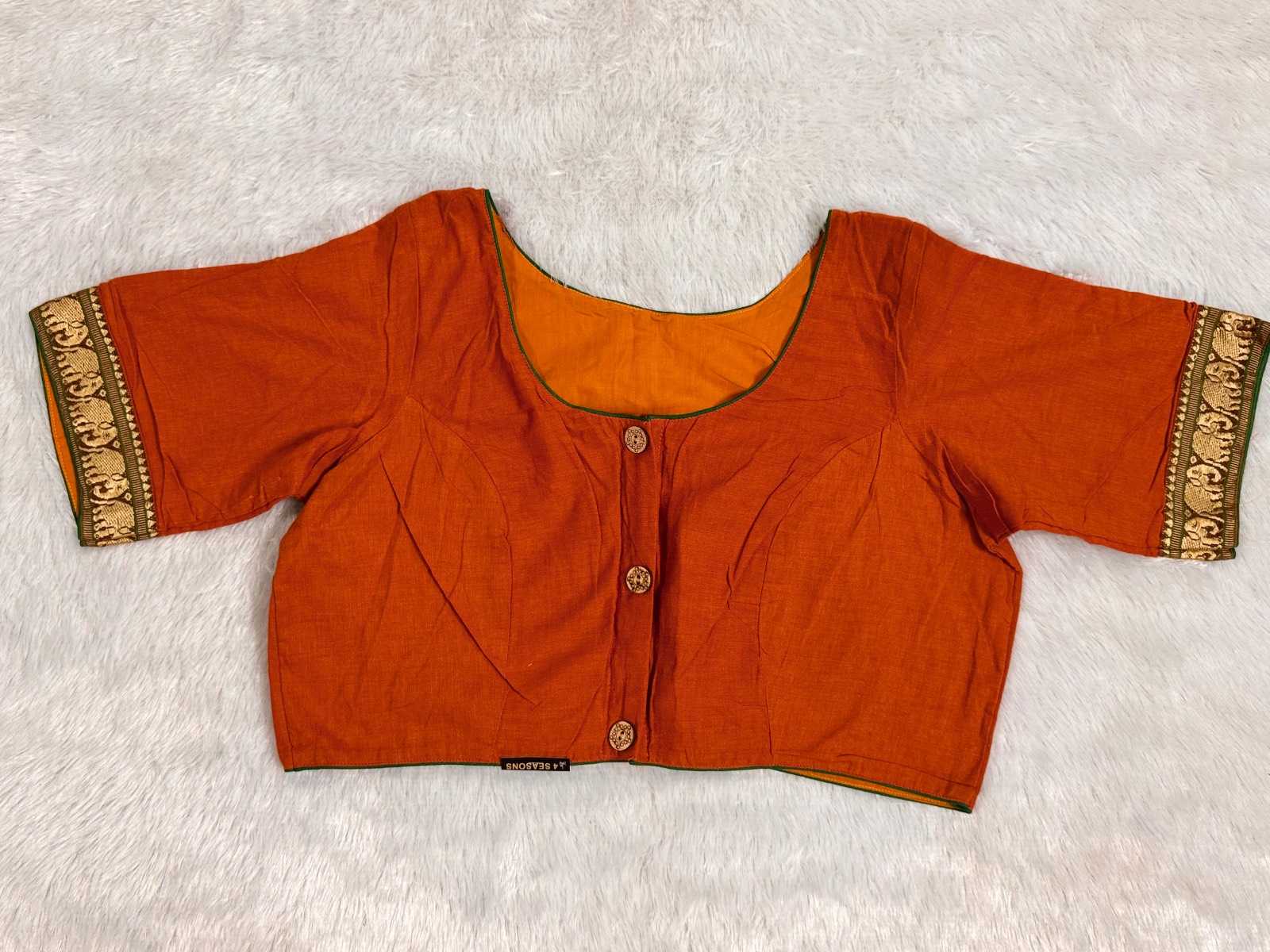 Orange cotton silk thread elephant embroidery with wooden button astar & piping