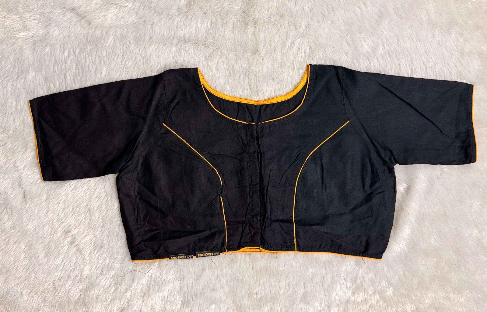 Black pure cotton Sparrow embroidery on back side of blouse with piping
