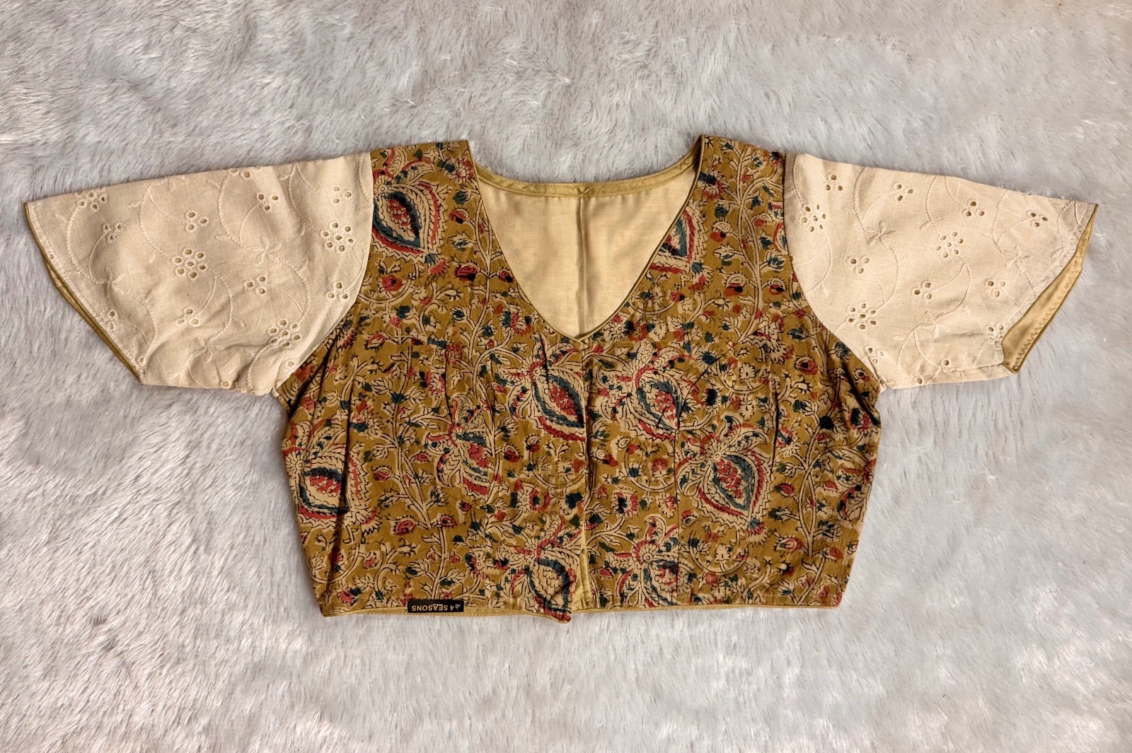 cream brown kalamkari handblock with patchwork on backside of blouse