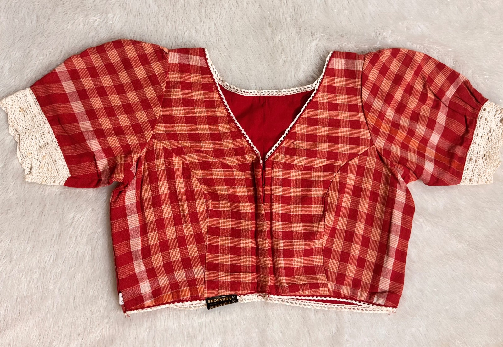 Red gamchha pure cotton balloon sleeves with cotton lace size 36