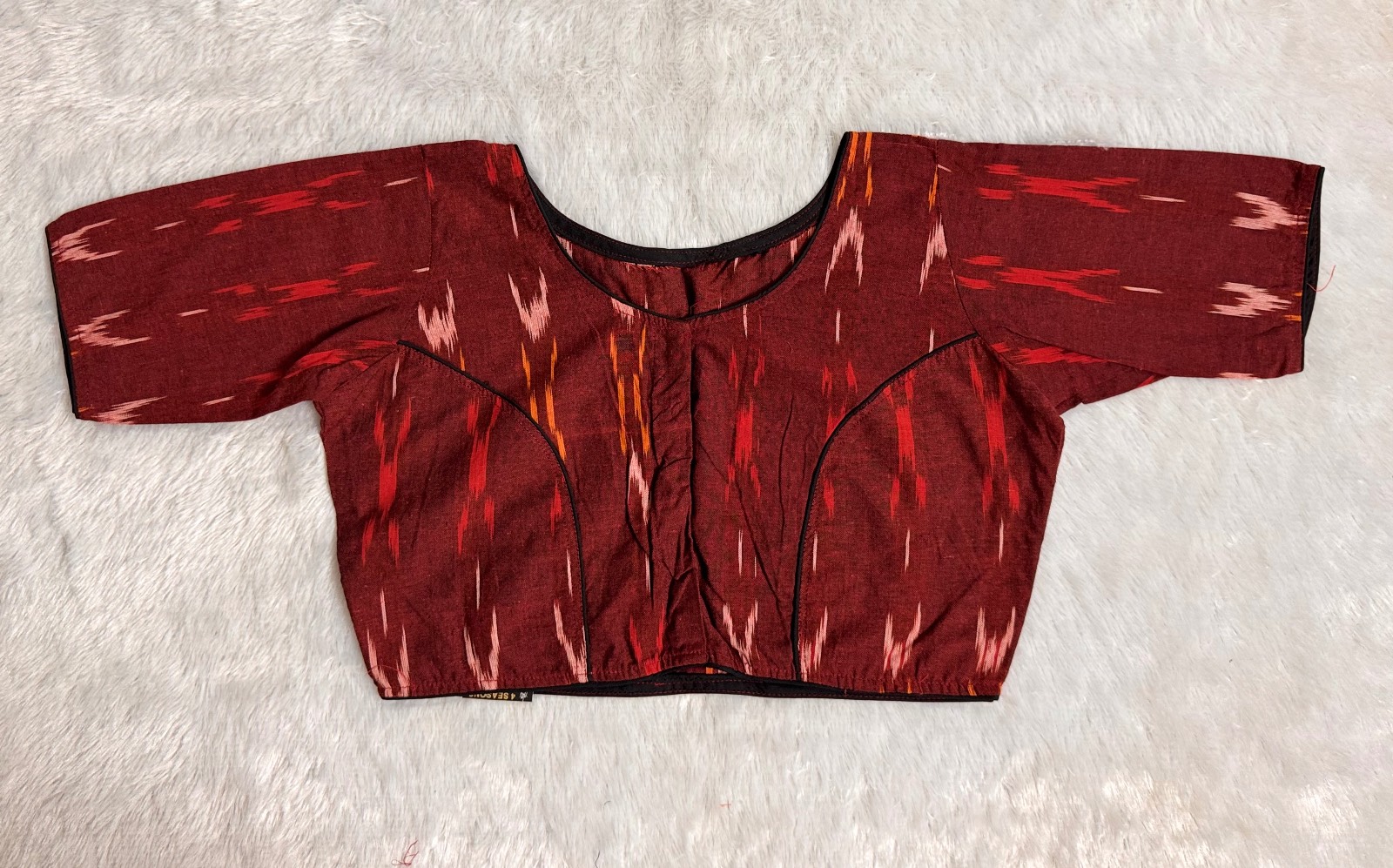 Dark brown red  pure cotton ikkat weave blouse with patch work back side of blouse