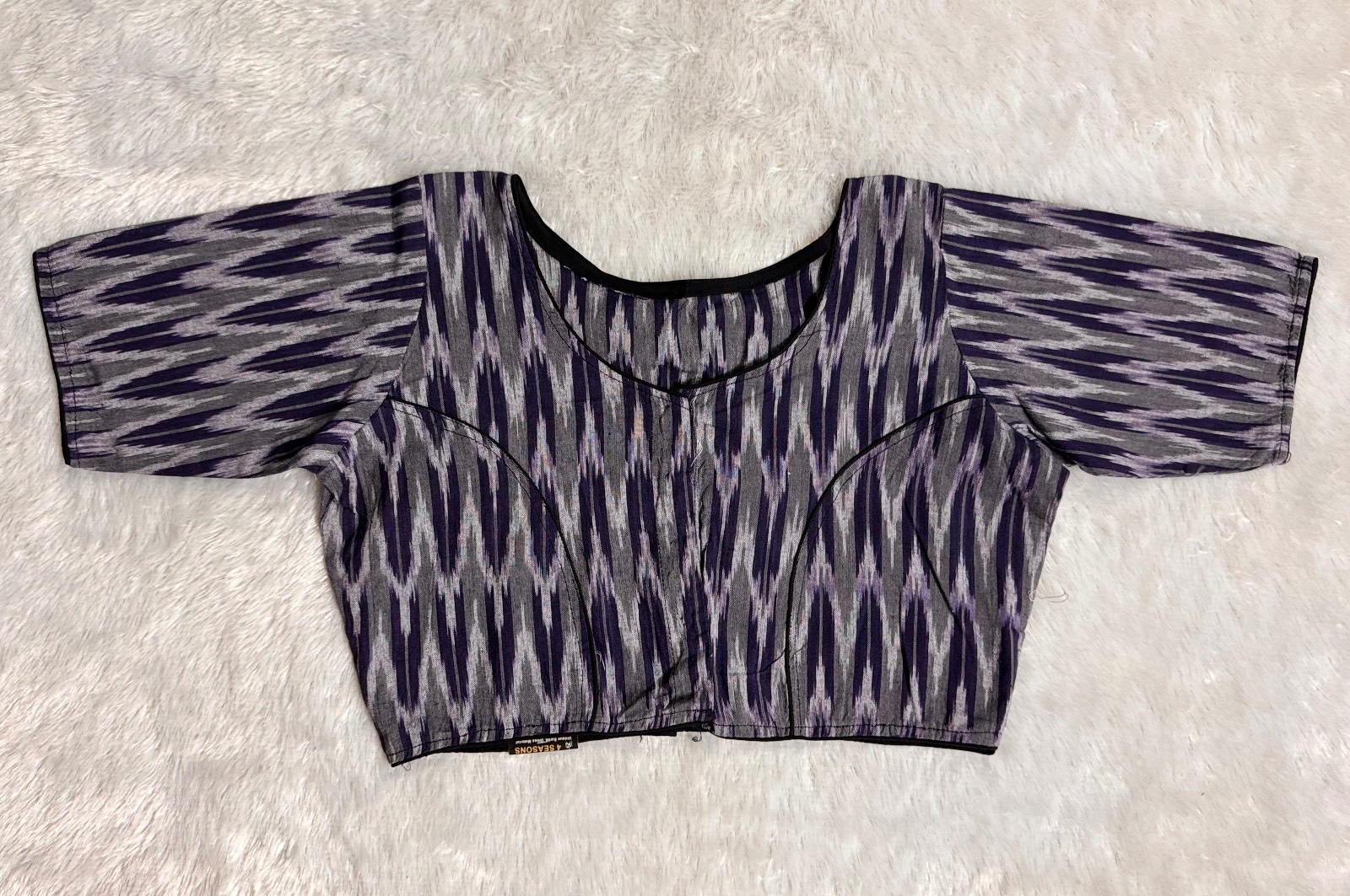 Blue grey pure cotton ikkat weave blouse with patch work back side of blouse