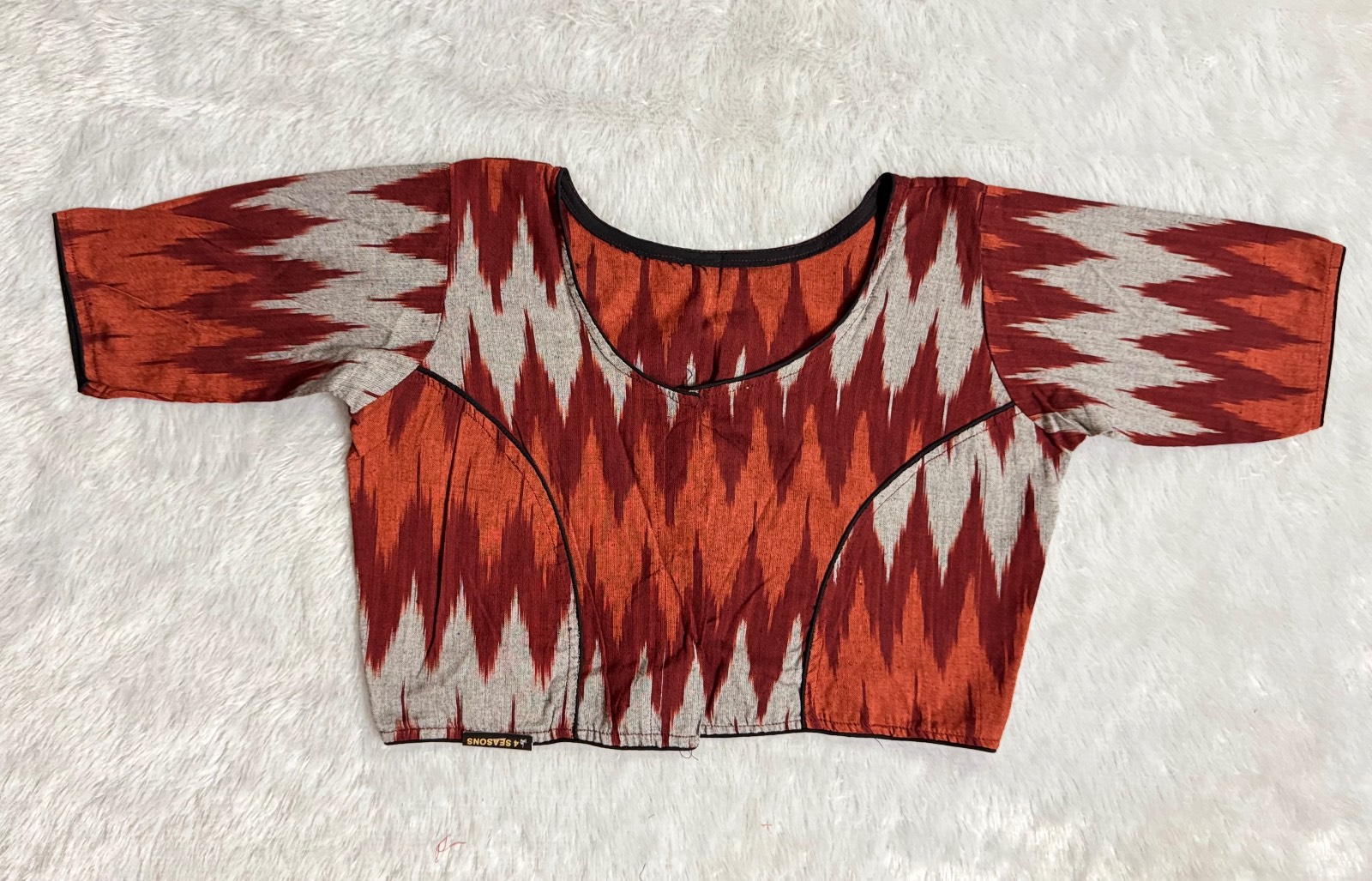Brown grey pure cotton ikkat weave blouse with patch work back side of blouse