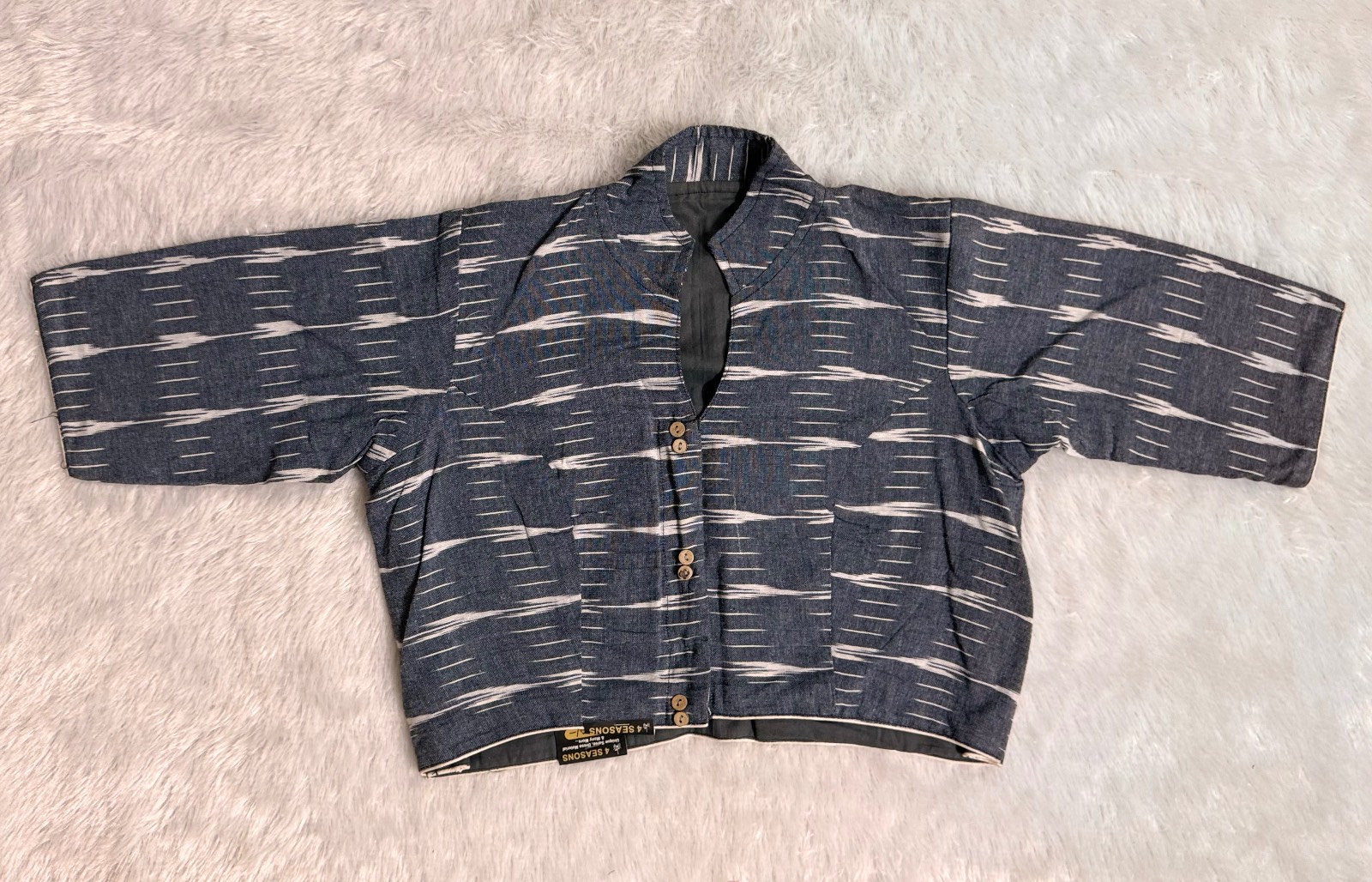 Grey pure cotton ikkat weave blouse with patch work back side of blouse