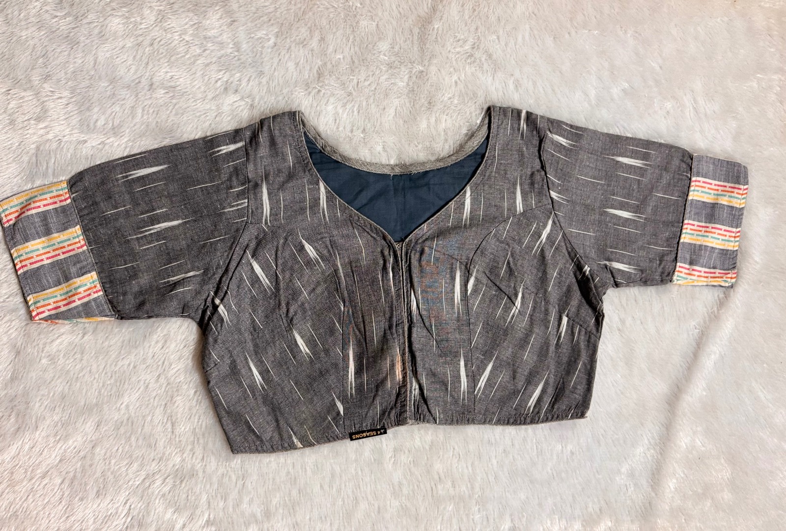 Grey pure cotton ikkat weave blouse with patch work back side of blouse