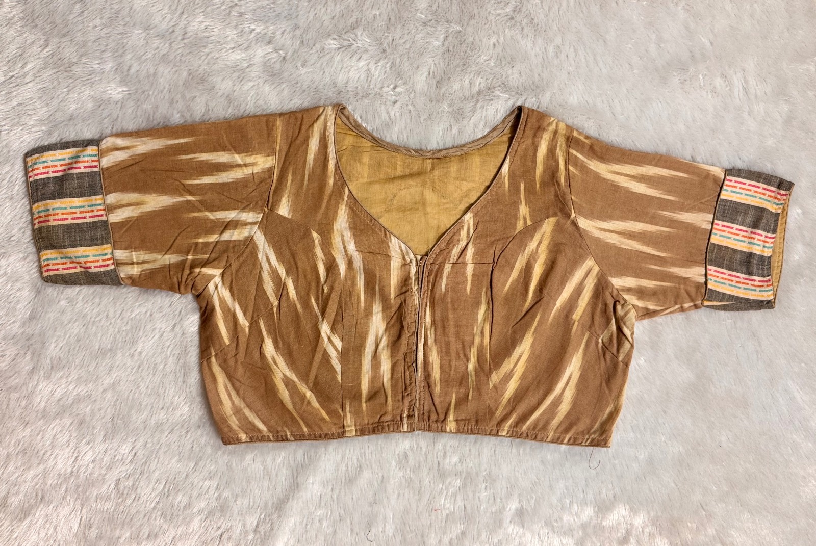 Cream brown pure cotton ikkat weave blouse with patch work back side of blouse