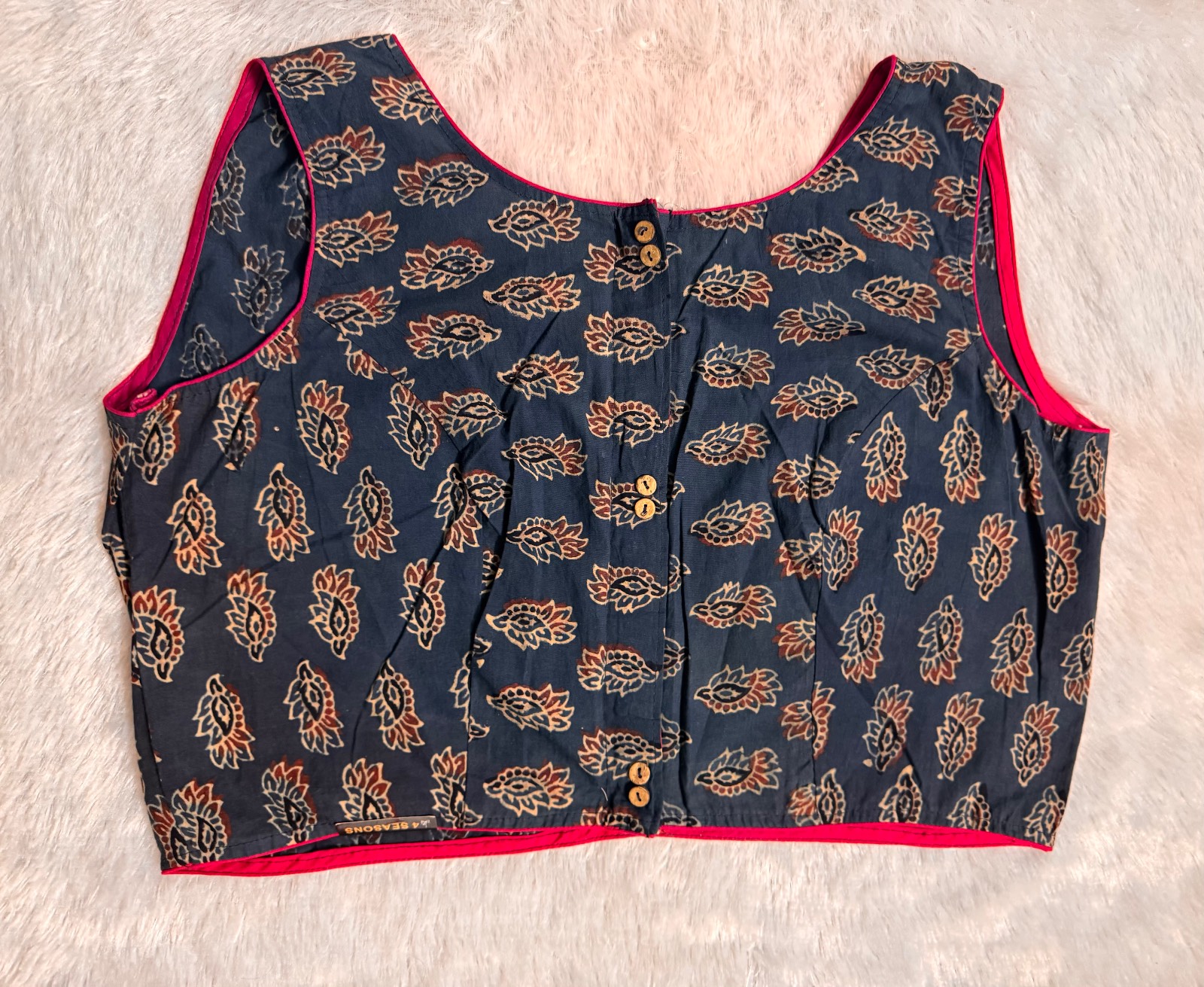 Indigo pure cotton hand block pink piping sleeveless blouse
