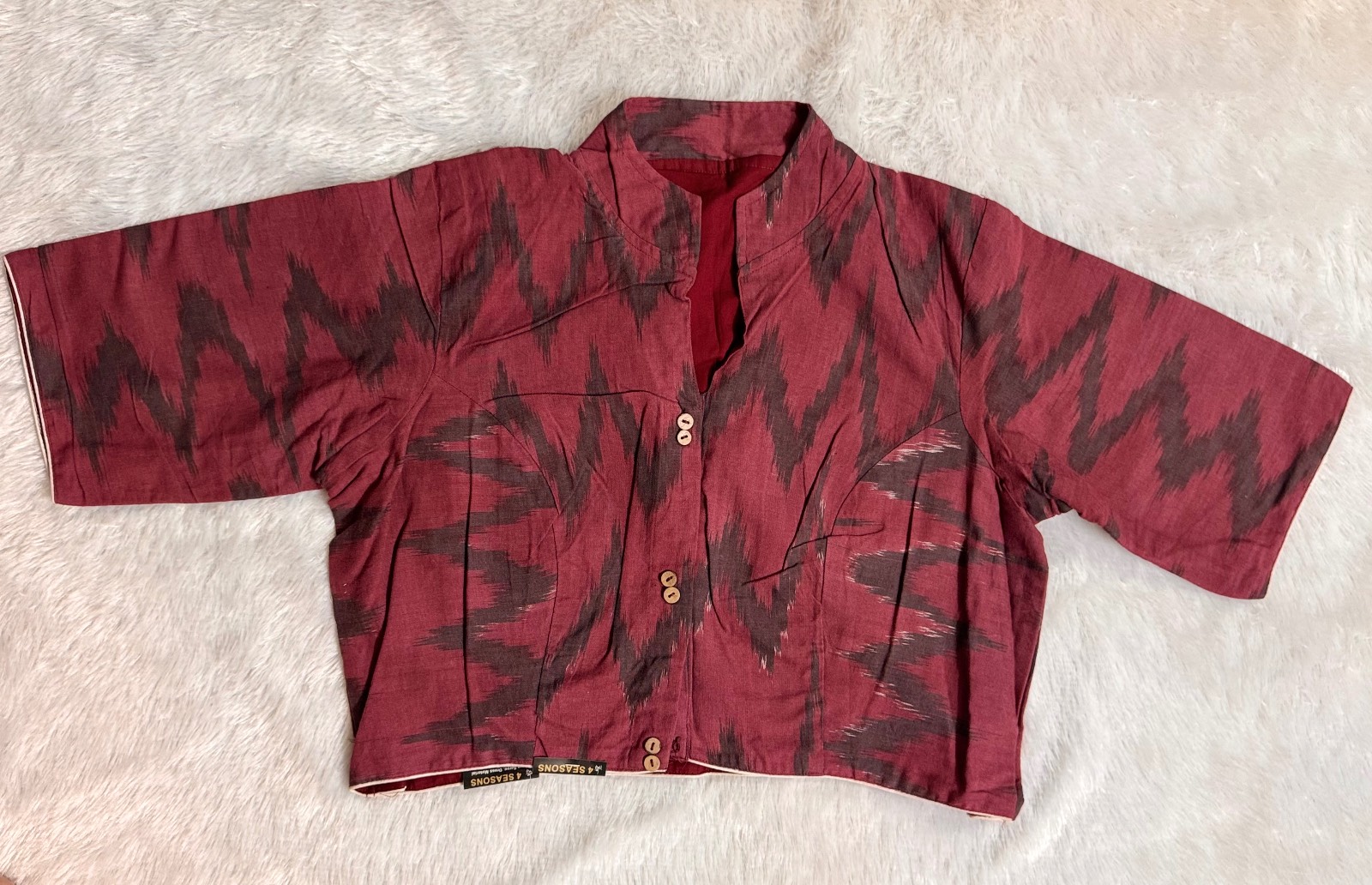 Maroon black ikkat print collar blouse with astar & piping