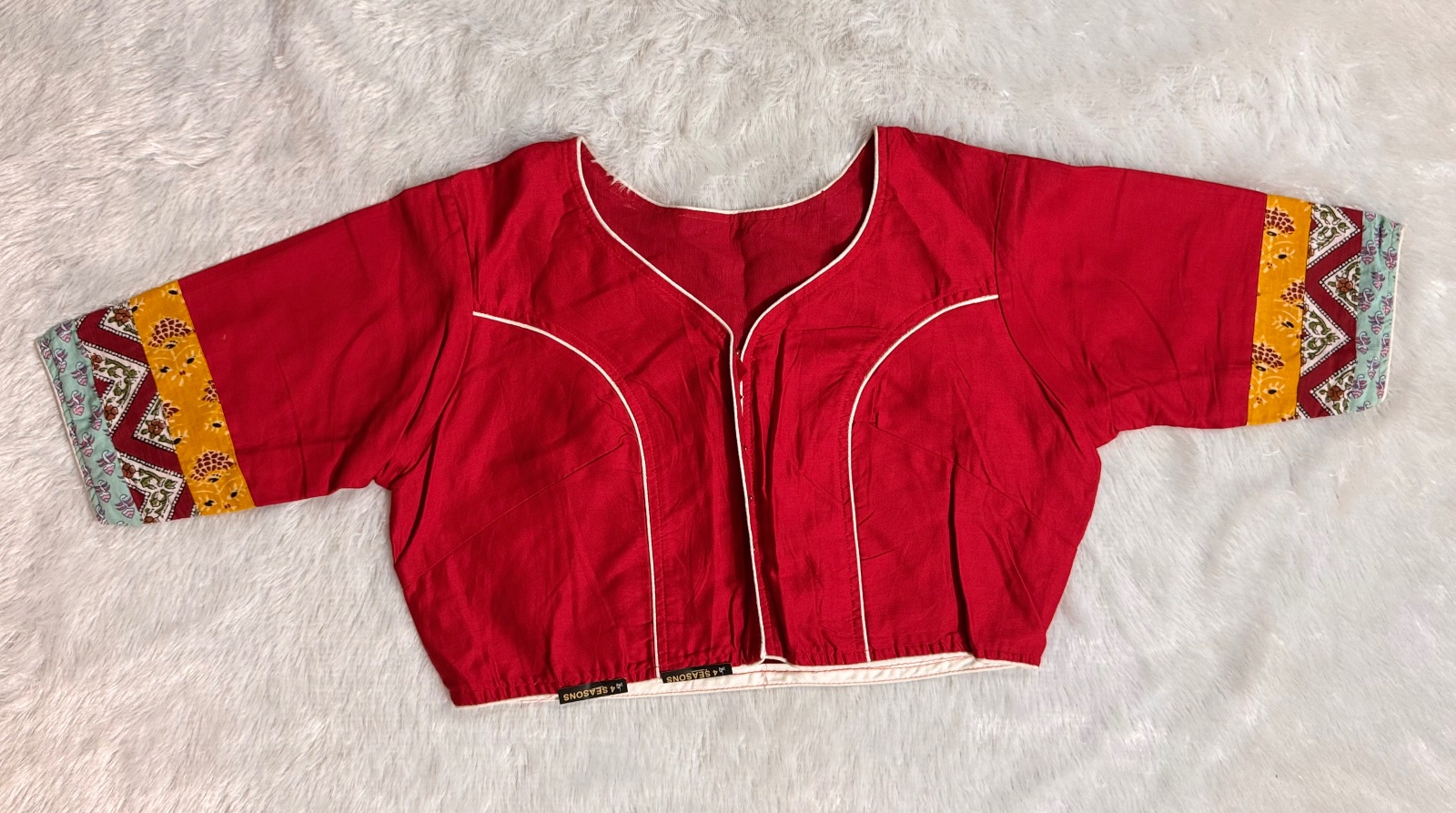 Red cotton silk hand painted & patchwork on sleeves blouse (astar,piping)