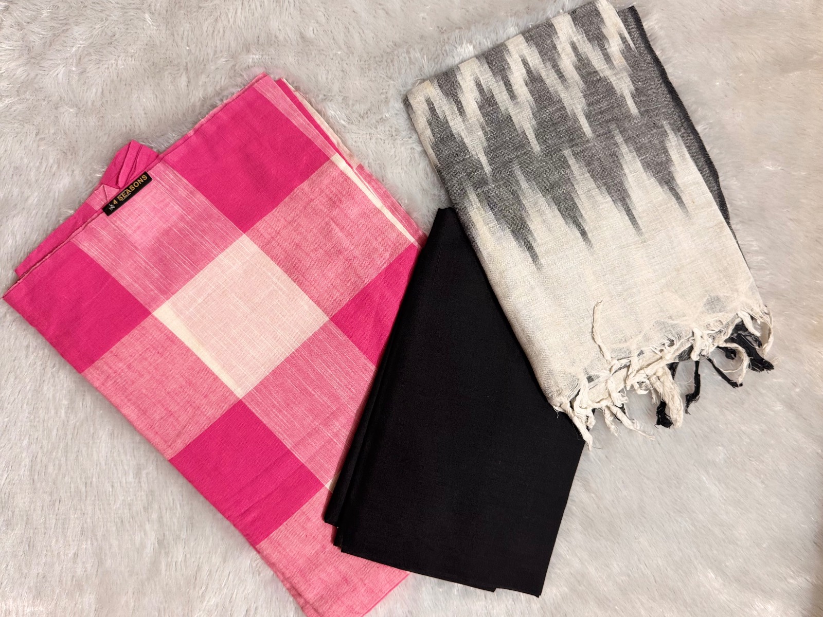Pink checks suit piece set pure cotton with black bottom, black dupatta
