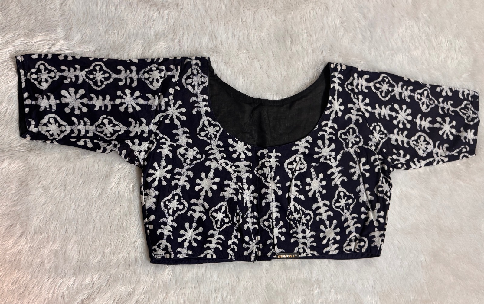 navy blue batik print with embroidered patch on silk backside Blouse (astar,piping)