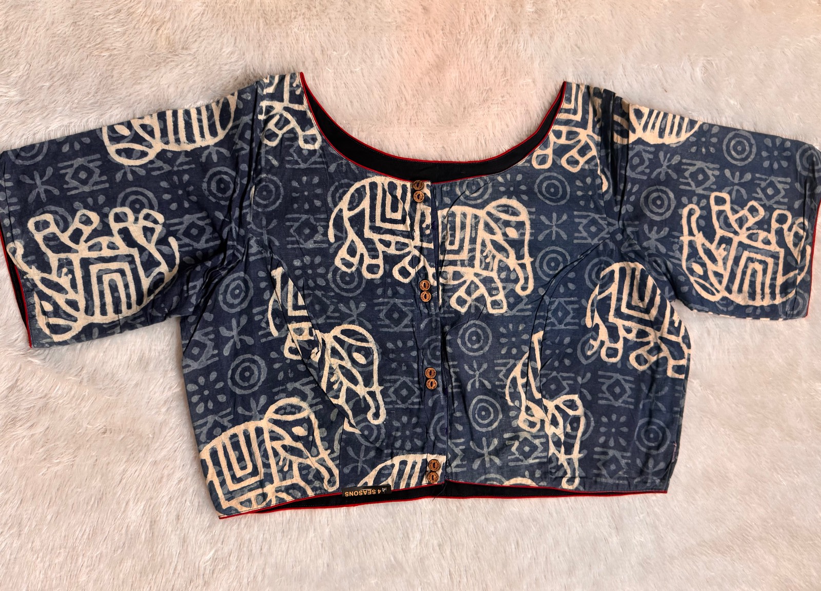 Indigo handblock print pure cotton with wooden button piping Blouse