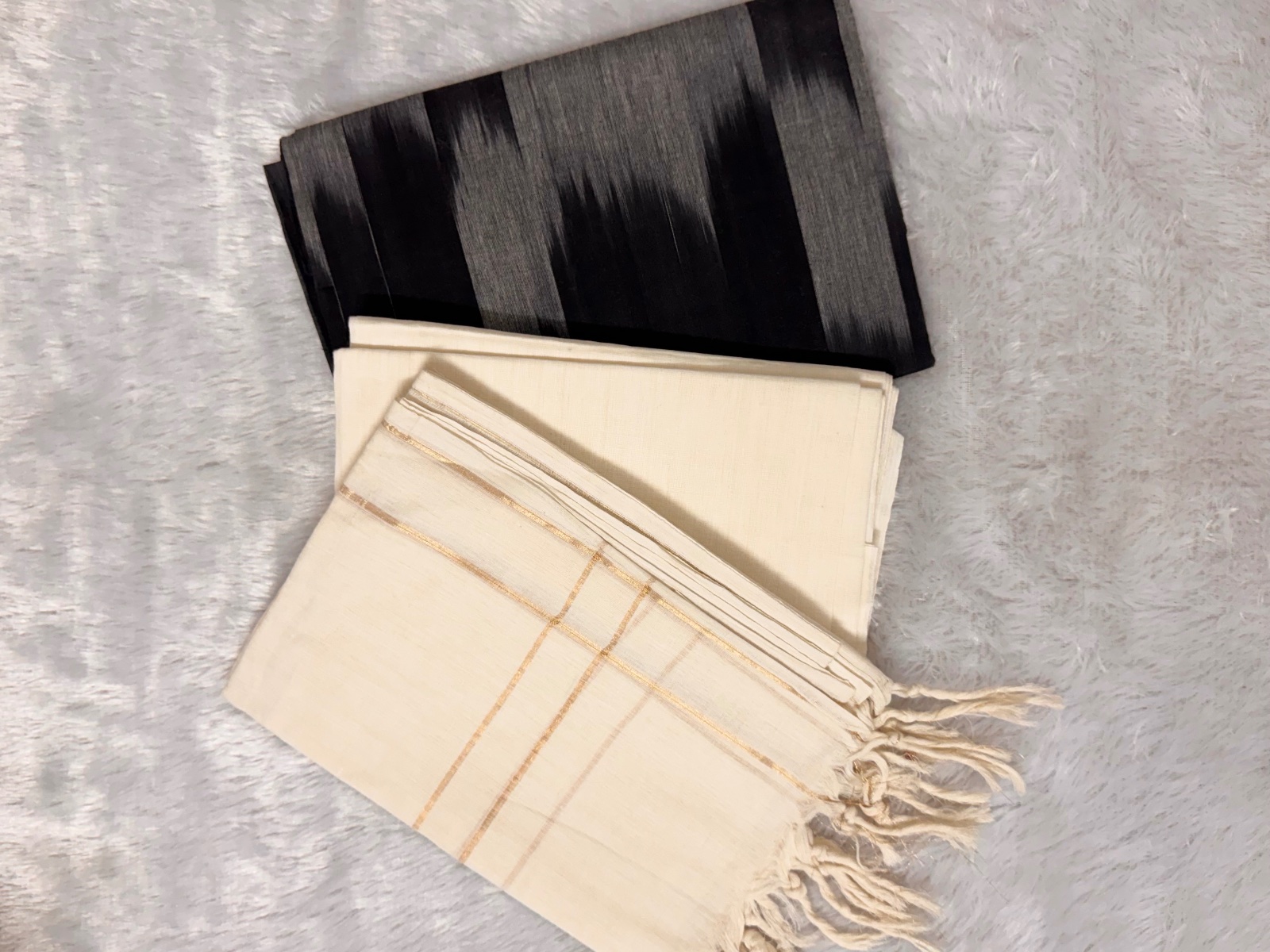 Black & cream pure cotton ikkat weave 3 piece suit set