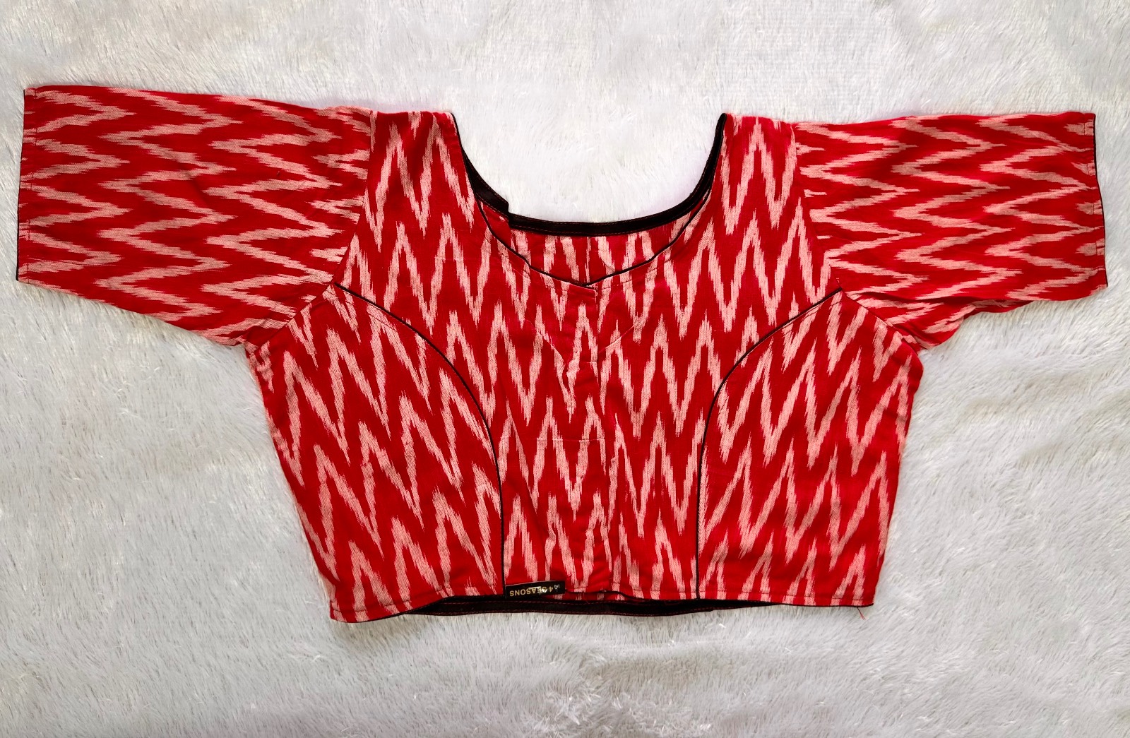 Red ikkat weave blouse with piping